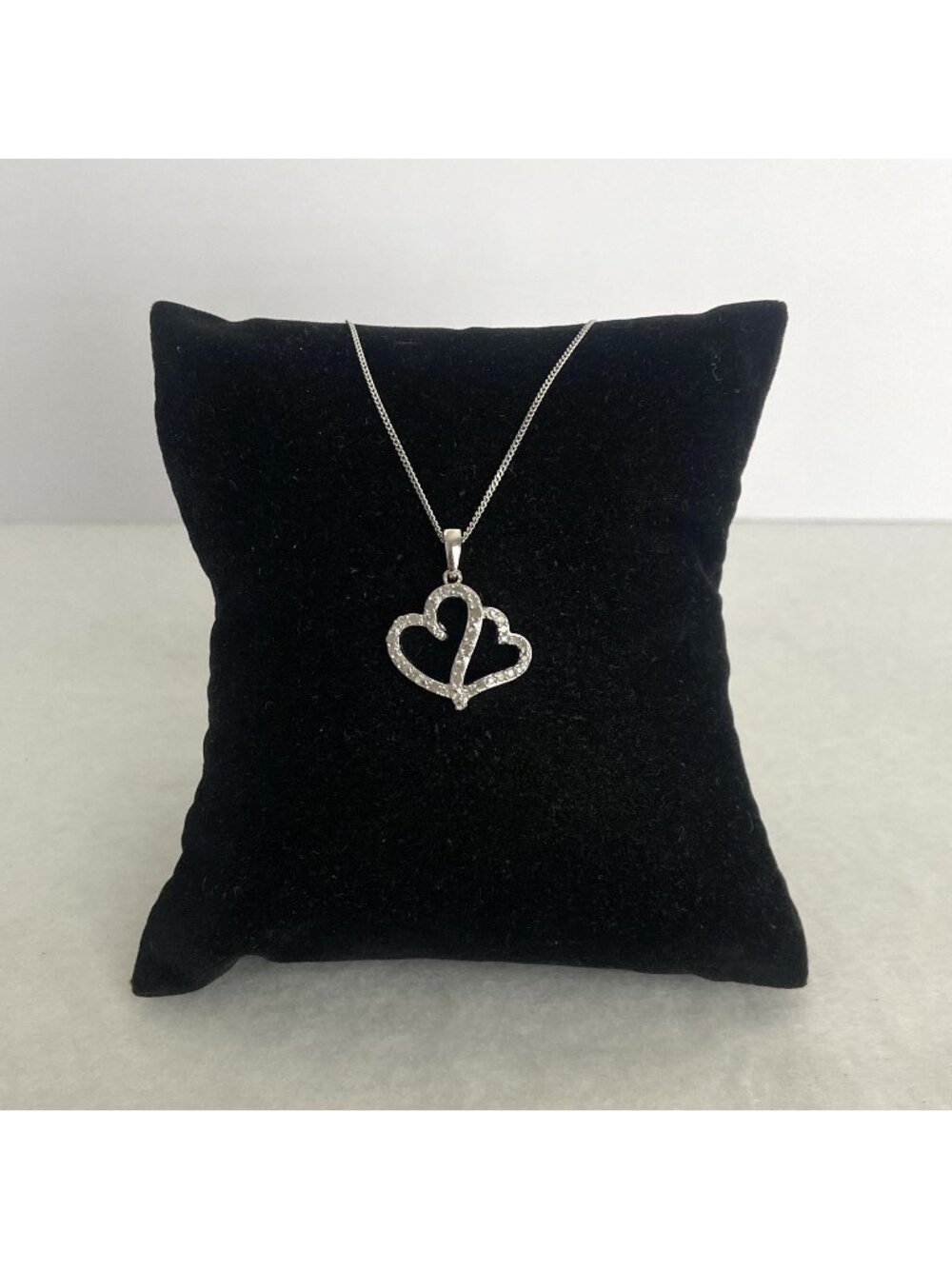 Sterling Silver 925 Double Open Heart Diamond Pendant Necklace 21" Chain